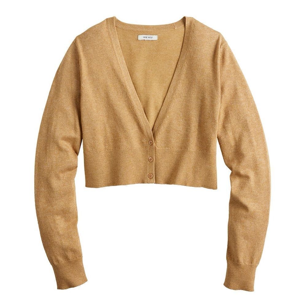 Nine West Women's V-Neck Cropped Cardigan in Rustic Tan Size Large